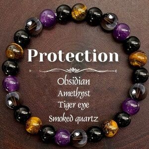 Protection Beaded Bracelet with Obsidian, Tigers Eye, Smokey Quartz & Amethyst